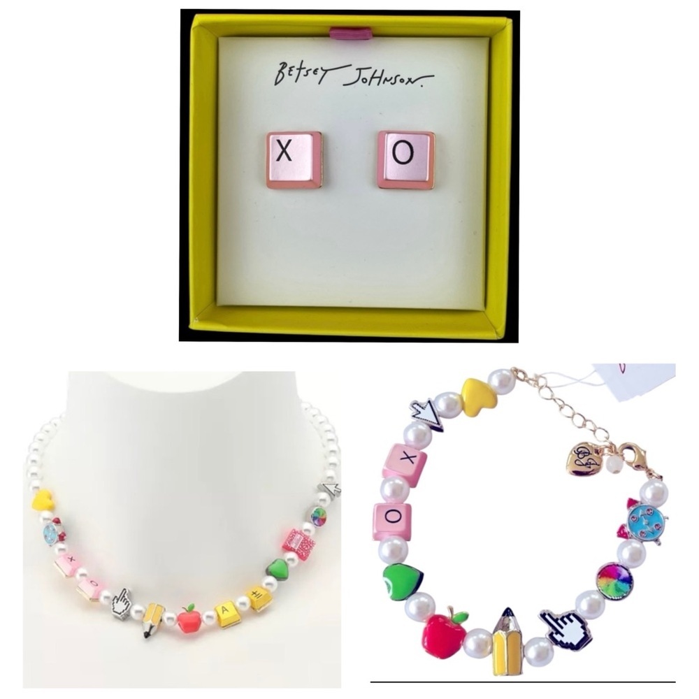 BETSEY JOHNSON SET Back to School Pearl Charm Necklace Bracelet Earrings NEW NWT